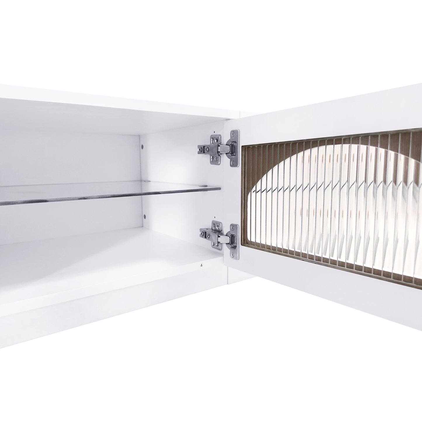 ON-TREND Meuble TV luxueux avec portes en verre cannelé, console multimédia élégante et fonctionnelle pour téléviseurs jusqu'à 95", meuble TV avec étagère en verre trempé avec plusieurs options de rangement, blanc