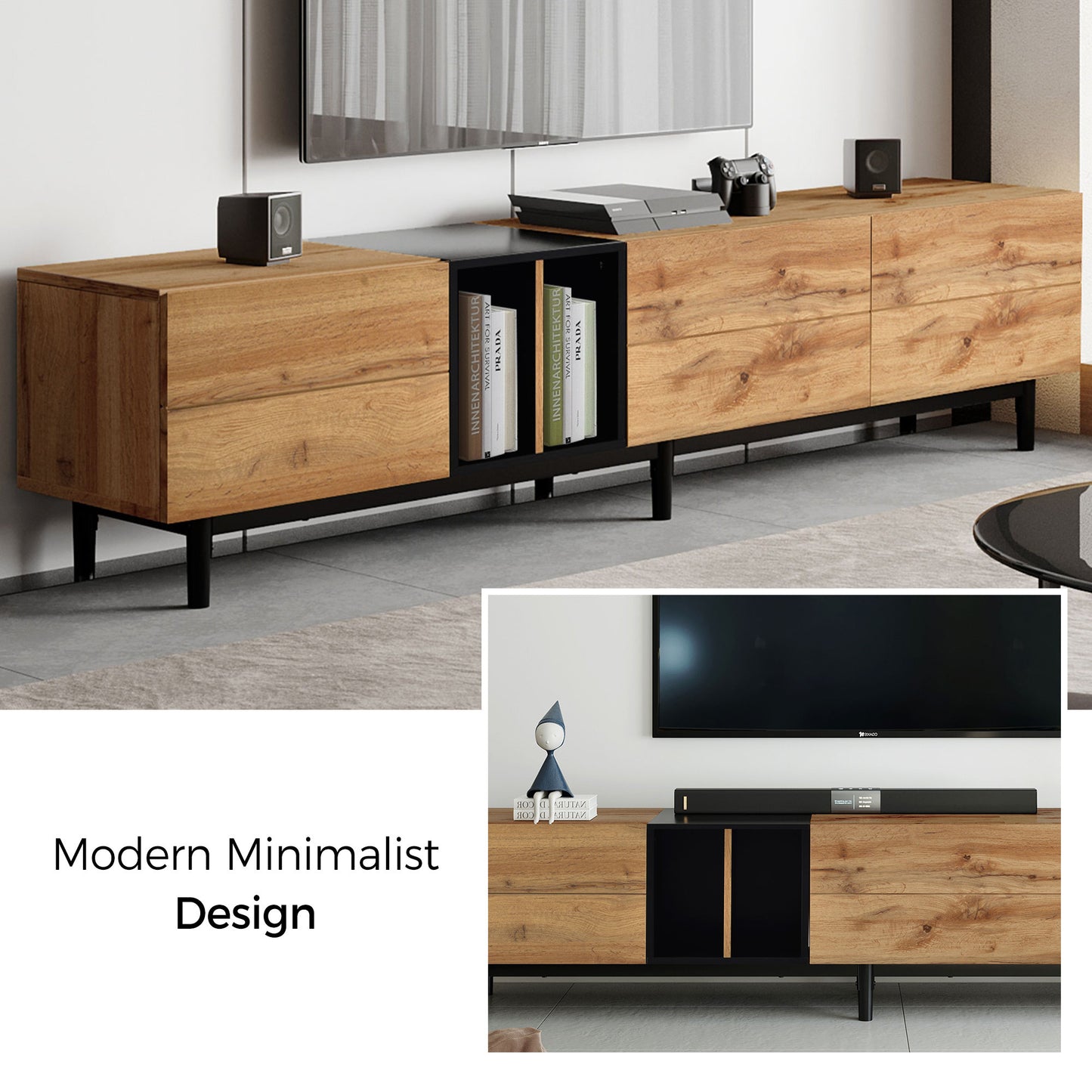 Meuble TV moderne pour téléviseur 80'' avec 3 portes, table console multimédia, centre de divertissement avec grand meuble de rangement pour salon, chambre à coucher