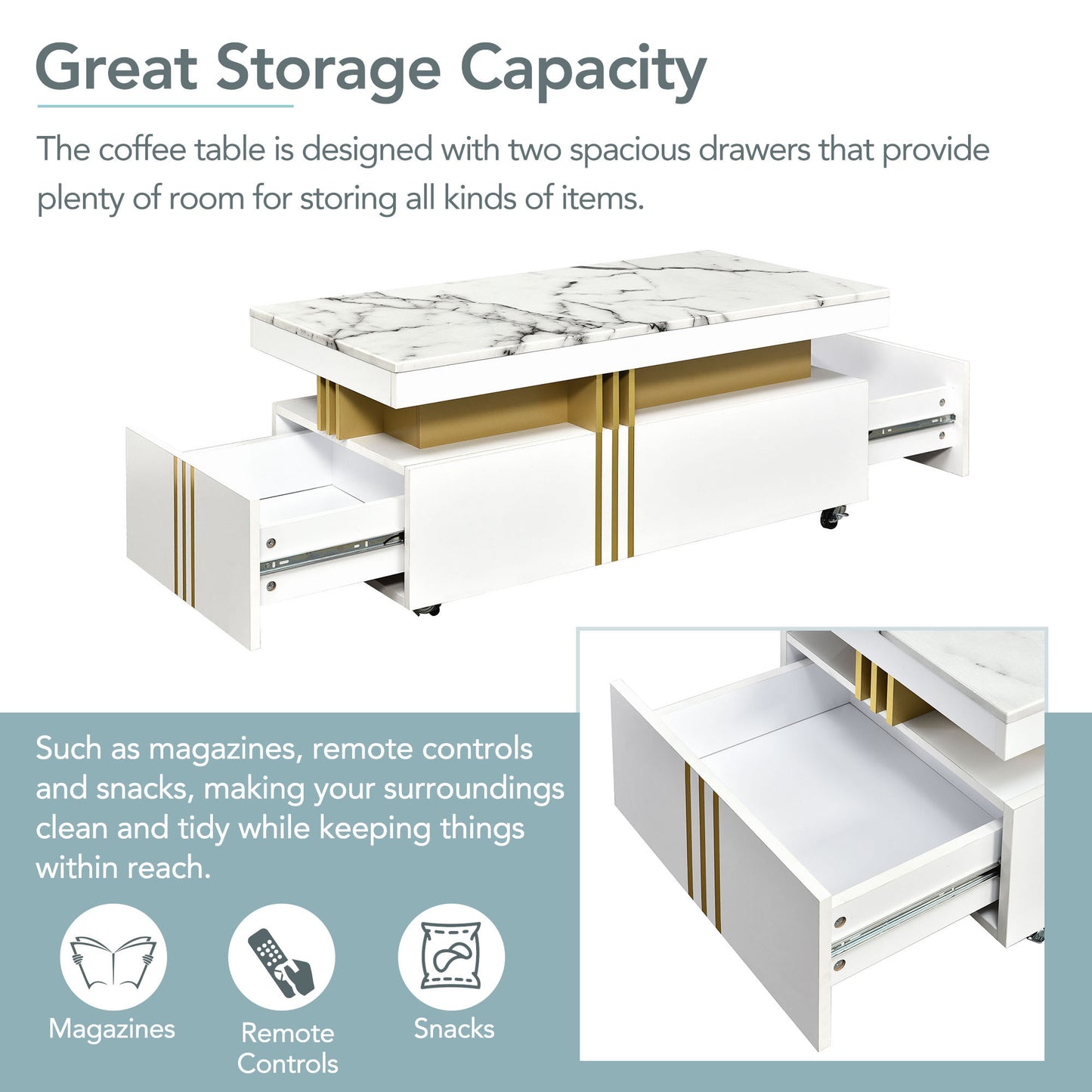 [VIDÉO fournie] Table basse contemporaine ON-TREND avec plateau en faux marbre, table de cocktail rectangulaire avec roulettes, table centrale de luxe modéré avec barres en métal doré pour le salon, blanc