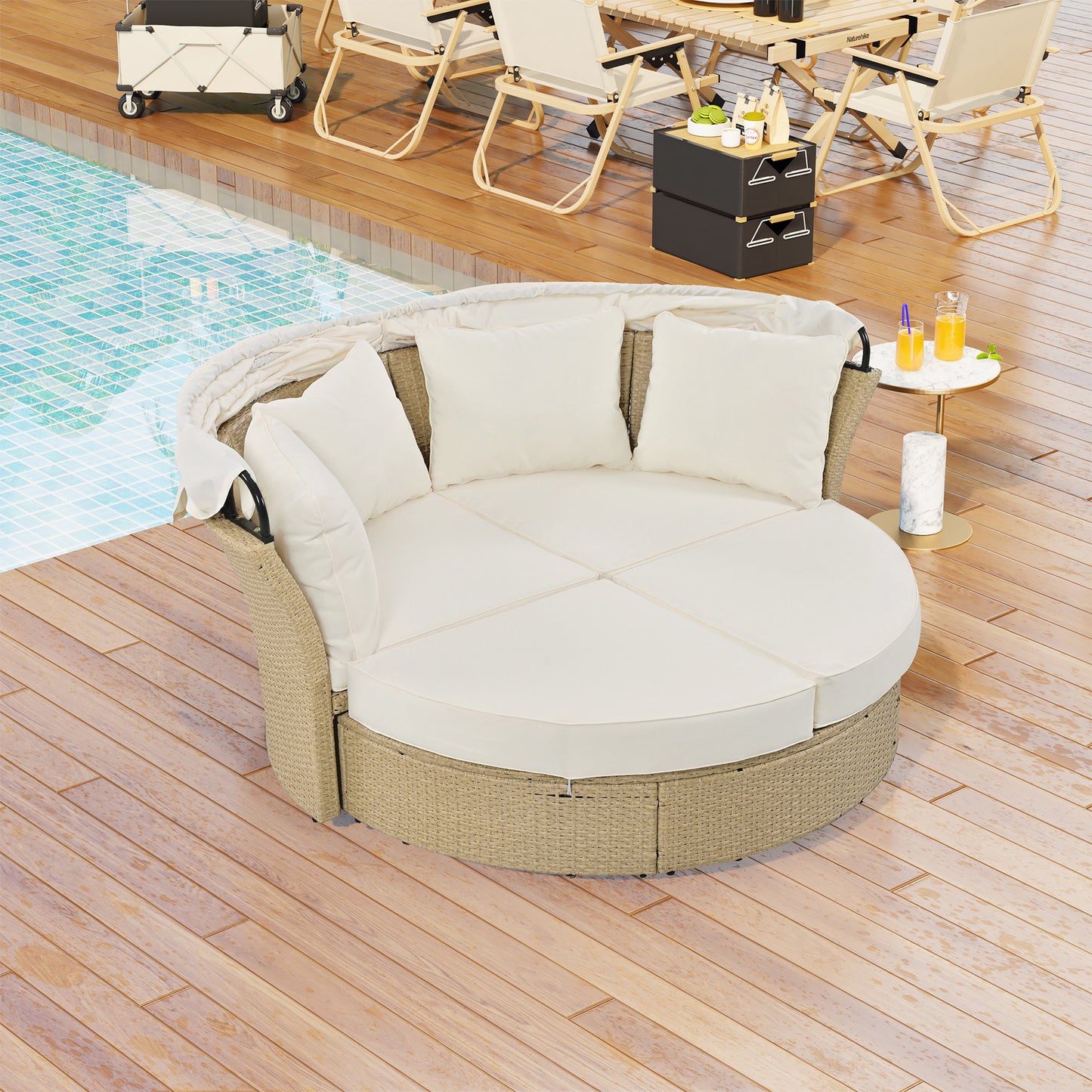 Outdoor Patio Daybed Wicker Rattan Double Daybed Round Sofa Furniture Set with Retractable Canopy, 4 Pillows for Lawn Garden Backyard Porch Pool, Beige