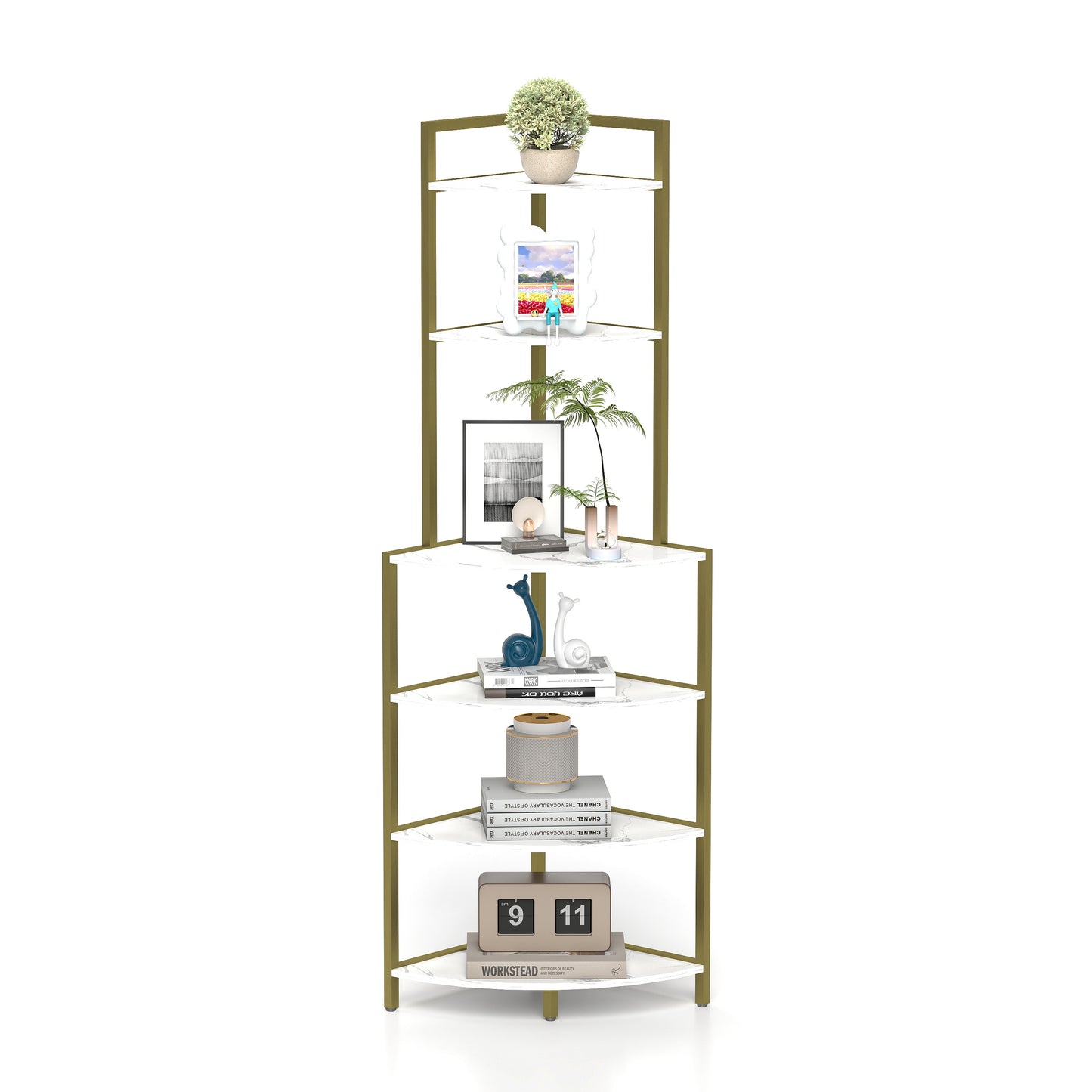 6-Tier Corner Open Shelf Modern Bookcase Wood Rack Freestanding Shelving Unit,Plant Album Trinket Sturdy Stand Small Bookshelf Space-Saving for Living Room Home Office Kitchen Small Space
