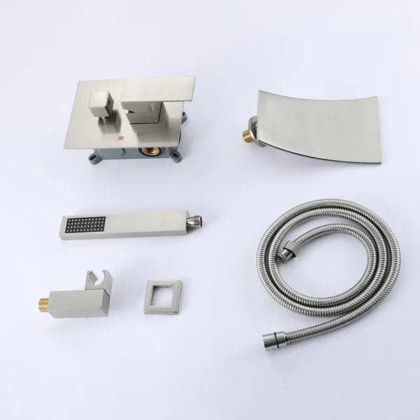 Waterfall Wall-Mount Tub Filler Faucet Single Handle and Handshower Brushed Nickel