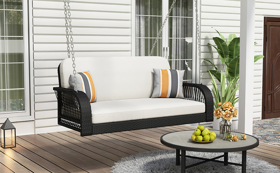 PE Wicker Porch Swing: 2-Seater Hanging Bench with Chains, Stylish Patio Furniture for Backyard, Garden, and Poolside in Black and Beige