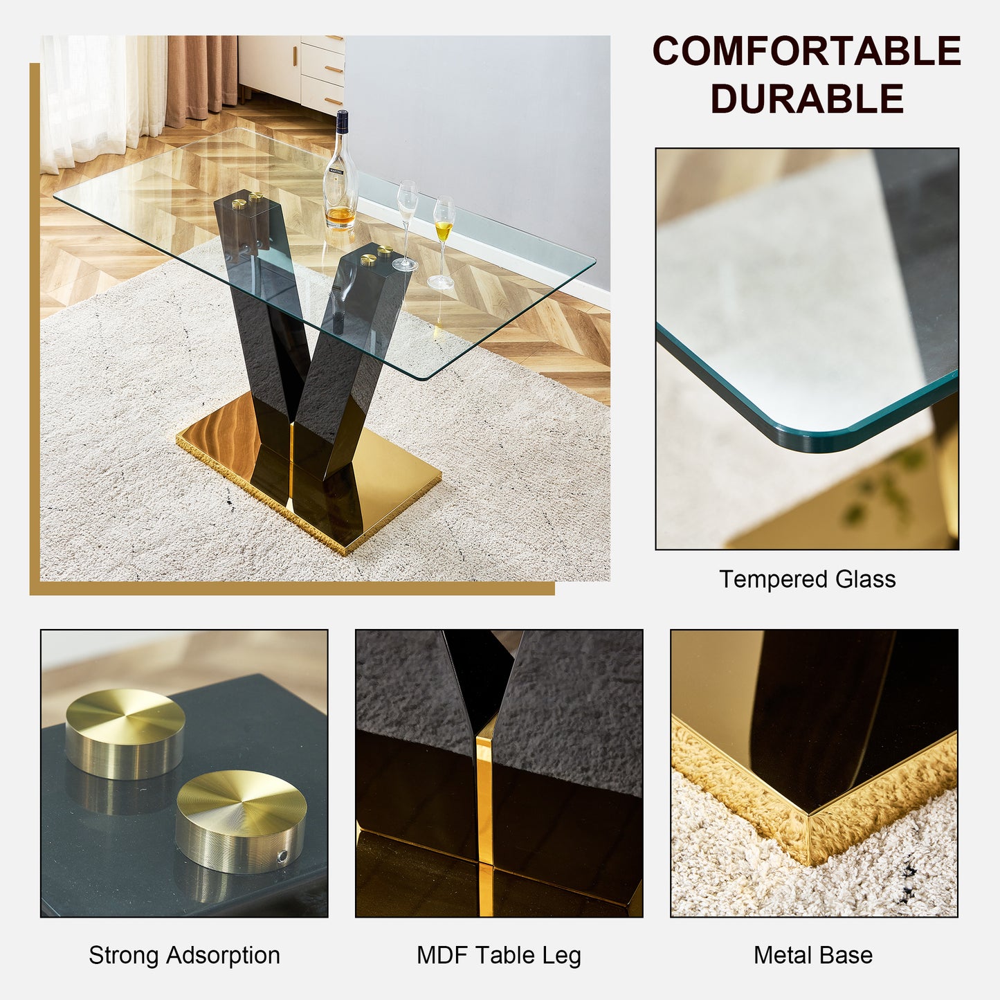 Large Modern Minimalist Rectangular Glass Dining Table for 6-8 with 0.4" Tempered Glass Tabletop and MDF slab V-Shaped Bracket,For Kitchen Dining Living Meeting Room Banquet Hall  F-V