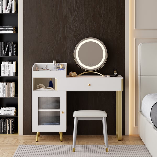 Modern White Retractable Makeup Vanity Set with Side Cabinet Dressing Table with Light
