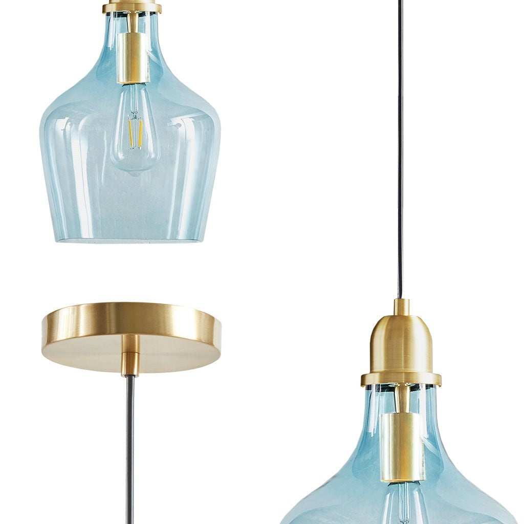 Bell Shaped Glass Pendant In Gold Finish Blue Shade