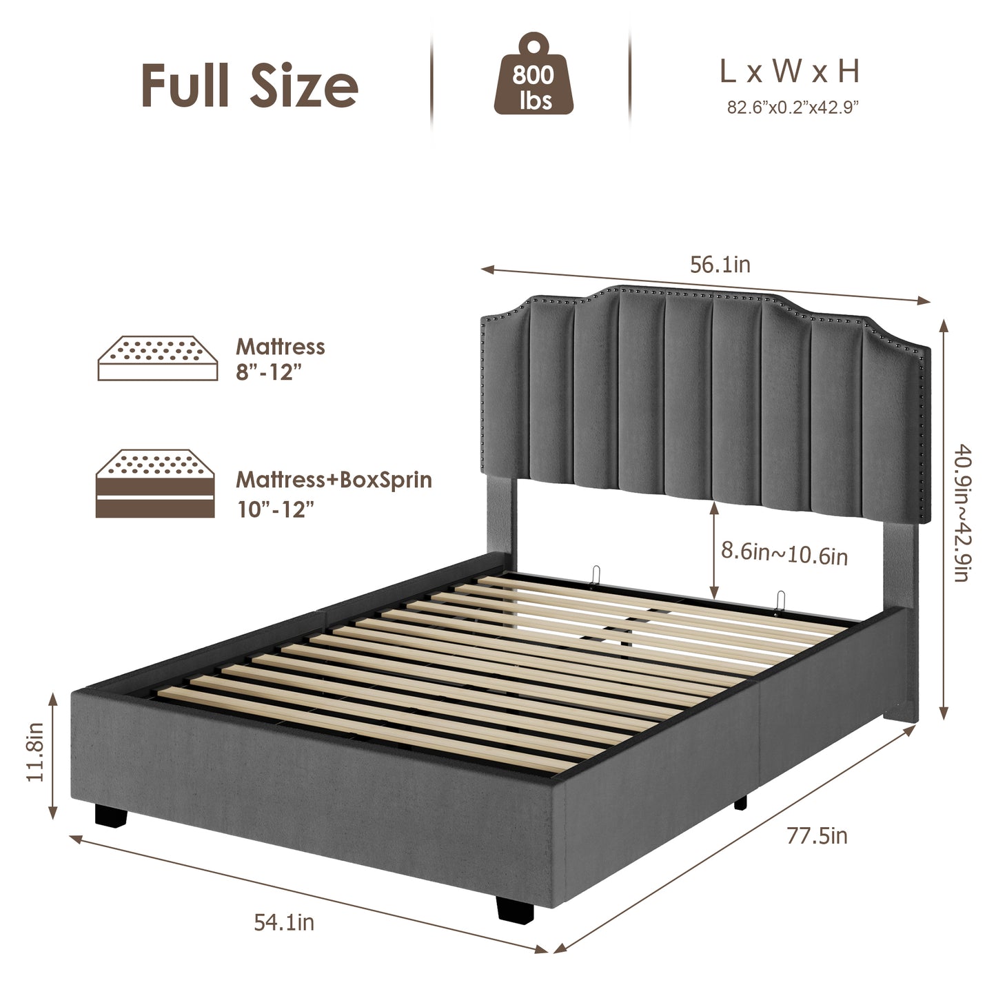 Lift Up Double Size Bed In Gray Velvet