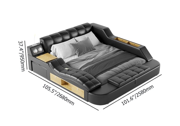 Black Smart Bed King Size Tufted Platform Bed with Massage, Storage & Speaker