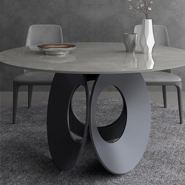 51" Round Gray Dining Table with Stone Top & Carbon Steel Base