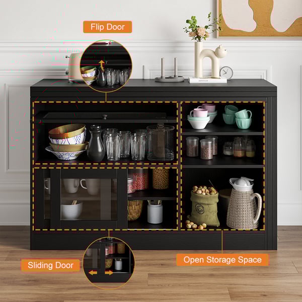 Black Storage Sideboard Cabinet Extendable Wood Buffet Foldable Dining Table