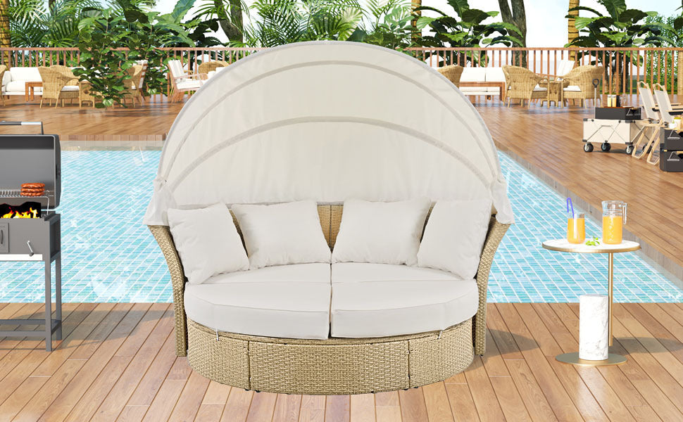 Outdoor Patio Daybed Wicker Rattan Double Daybed Round Sofa Furniture Set with Retractable Canopy, 4 Pillows for Lawn Garden Backyard Porch Pool, Beige