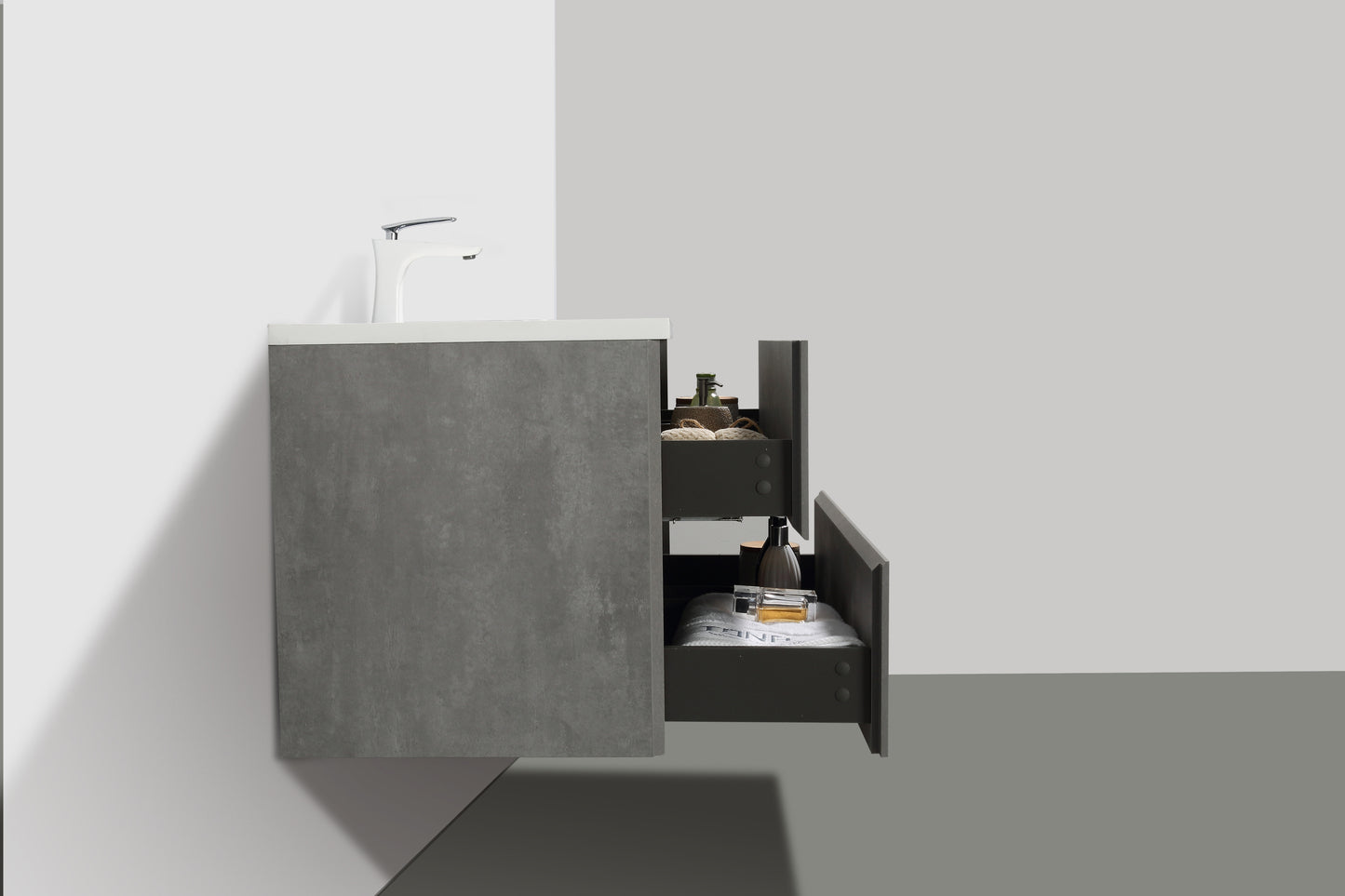 36'' Wall Mounted Single Bathroom Vanity in Ash Gray With White Solid Surface Vanity Top