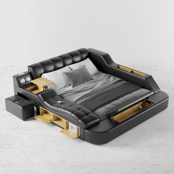Black Smart Bed King Size Tufted Platform Bed with Massage, Storage & Speaker
