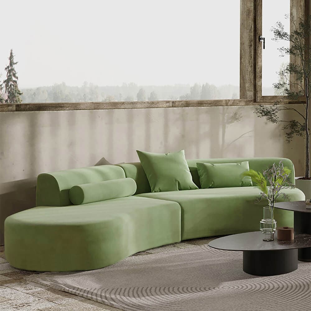 109 inch Modern Green Curved Velvet Sectional Sofa 4-Seater Couch Upholstered with Pillows#Green