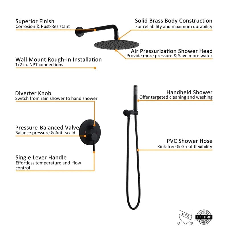 Modern 8"/10"/12" Wall Mounted Rain Shower System with Handheld Shower Solid Brass