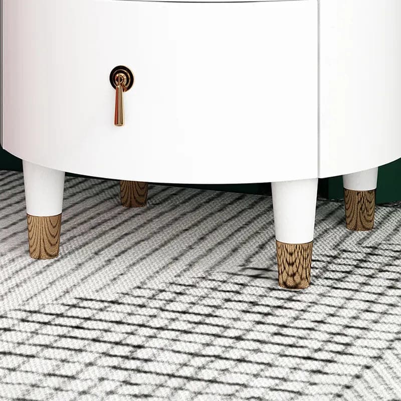 Table de chevet ronde à 2 tiroirs, moderne, blanche, finition dorée