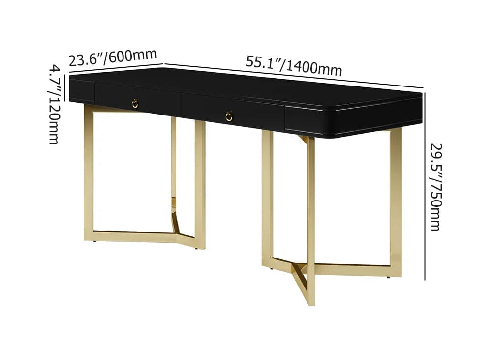 2-Drawers Black/White Office Desk 55 Modern Writing Desk Gold Tripod Base Stainless Steel#Black