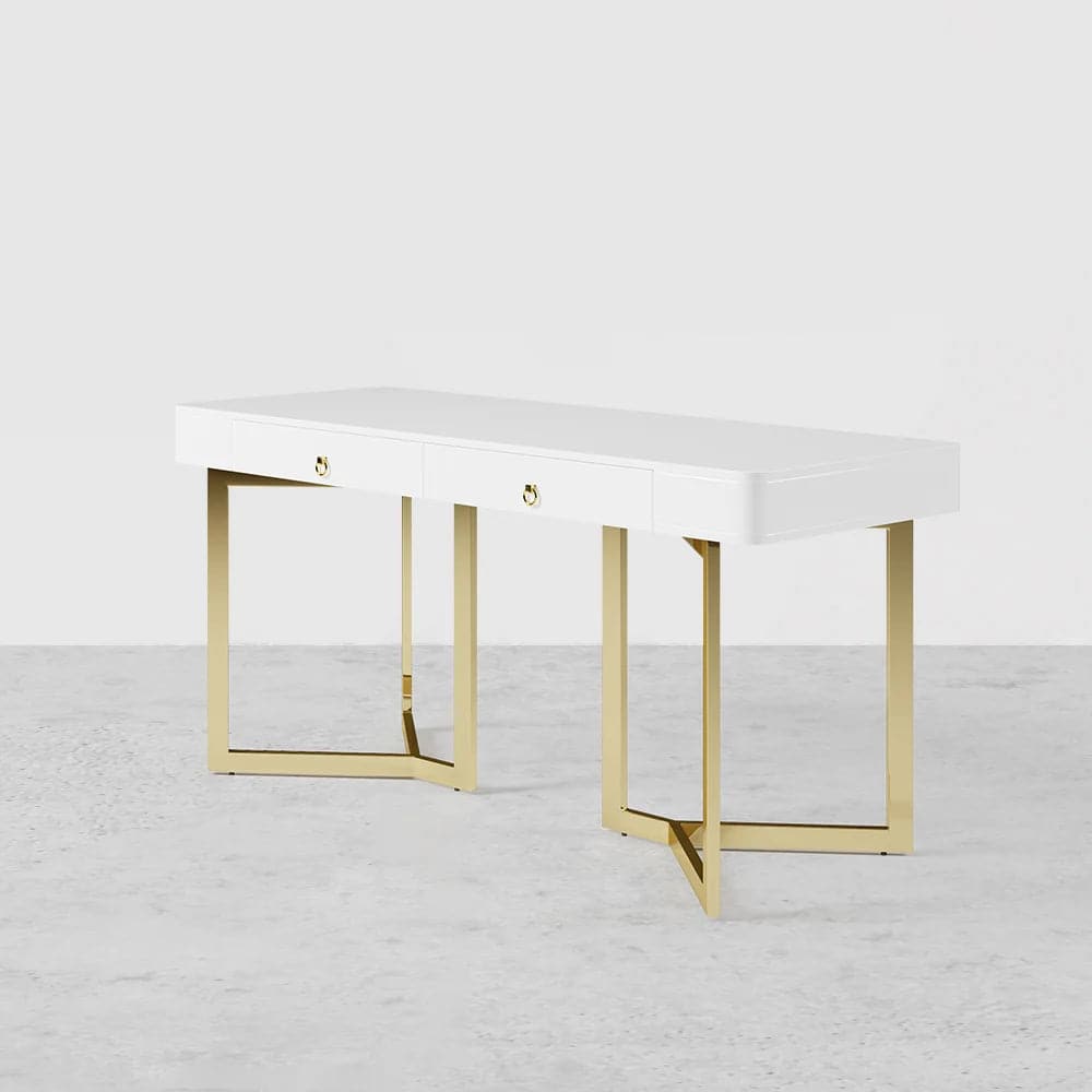 2-Drawers Black/White Office Desk 55 Modern Writing Desk Gold Tripod Base Stainless Steel#White