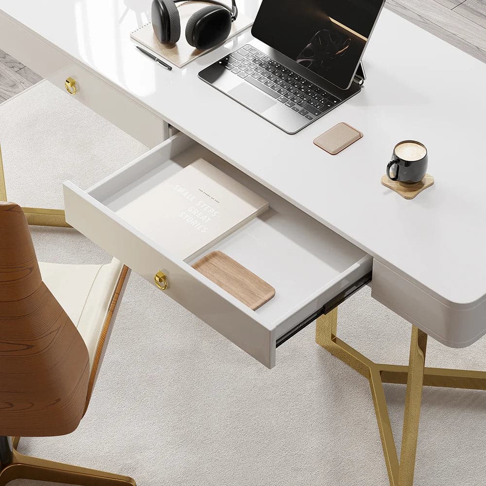 2-Drawers Black/White Office Desk 55 Modern Writing Desk Gold Tripod Base Stainless Steel#White