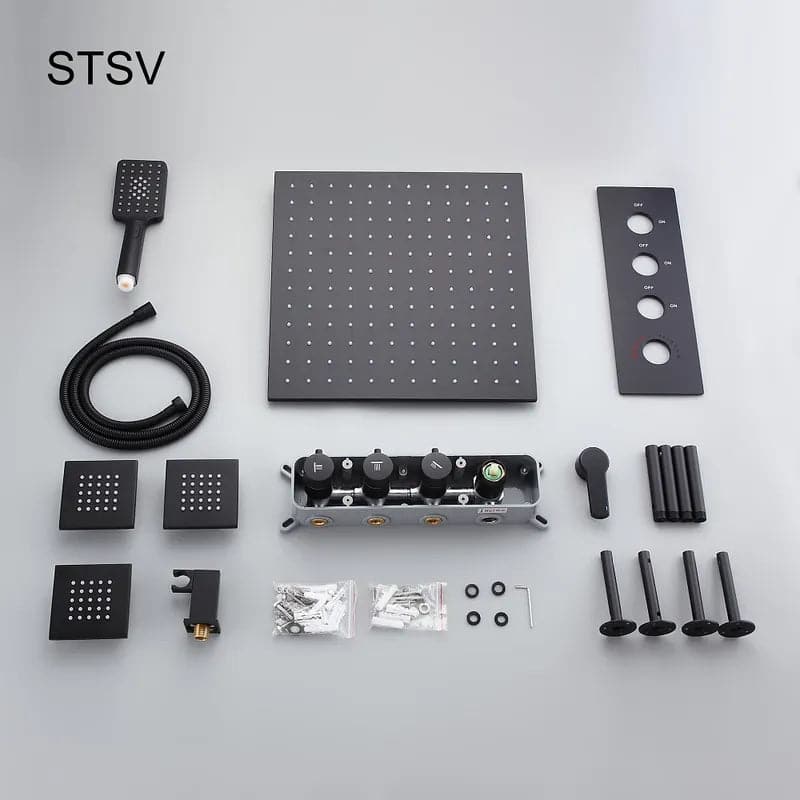 16''/20'' Black Shower System Large Rainfall Shower Head with Hand Shower and 3 Body Jets