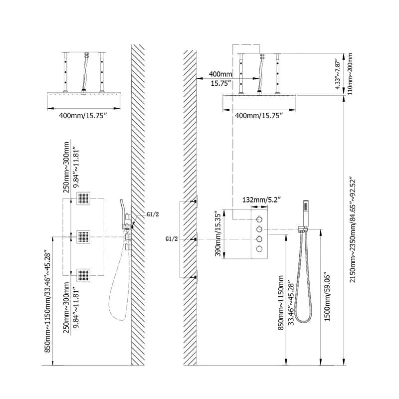 16''/20'' Black Shower System Large Rainfall Shower Head with Hand Shower and 3 Body Jets