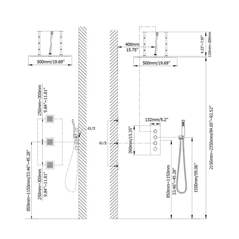 16''/20'' Black Shower System Large Rainfall Shower Head with Hand Shower and 3 Body Jets