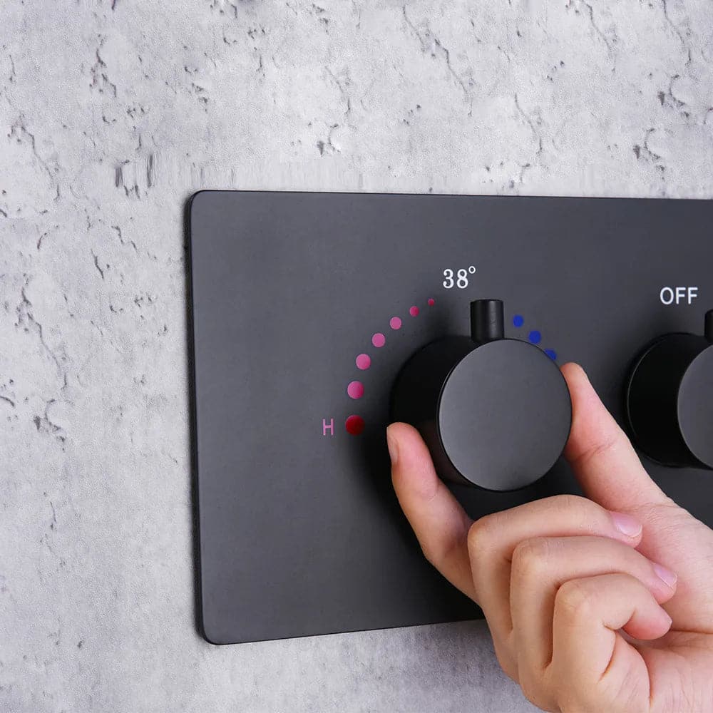 Système de douche thermostatique à effet de pluie monté au plafond de 20 po, 4 fonctions, lumière LED en noir