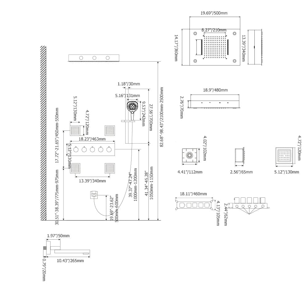 Système de douche thermostatique à effet de pluie monté au plafond de 20 po, 4 fonctions, lumière LED en noir