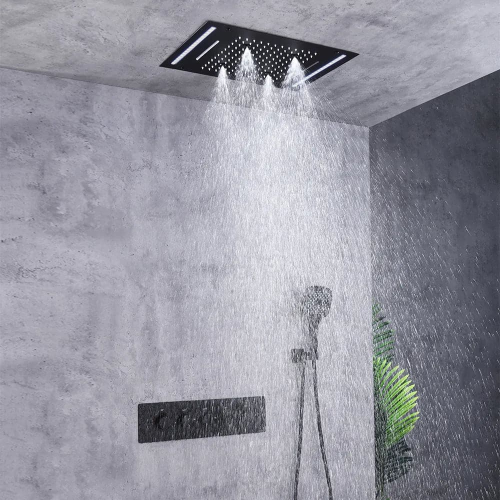 Système de douche thermostatique à effet de pluie monté au plafond de 20 po, 4 fonctions, lumière LED en noir
