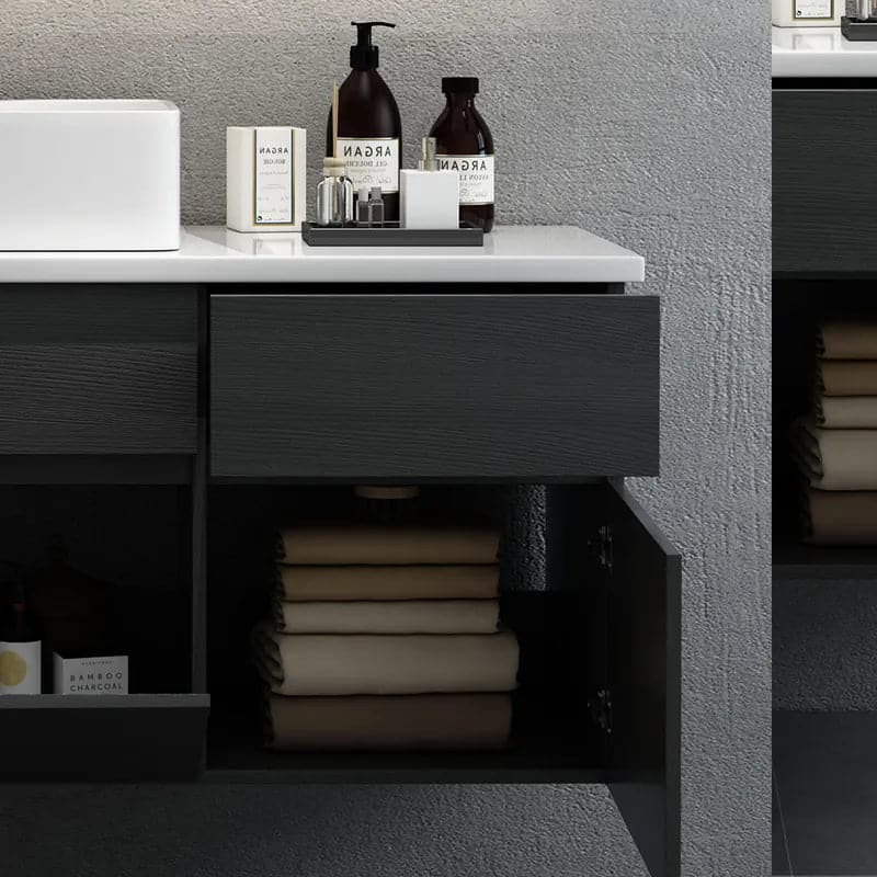 31 Black & White Floating Bathroom Vanity Faux Marble Top Ceramic Vessel Sink#Black