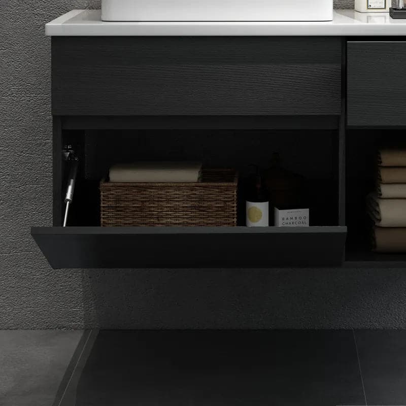 31 Black & White Floating Bathroom Vanity Faux Marble Top Ceramic Vessel Sink#Black