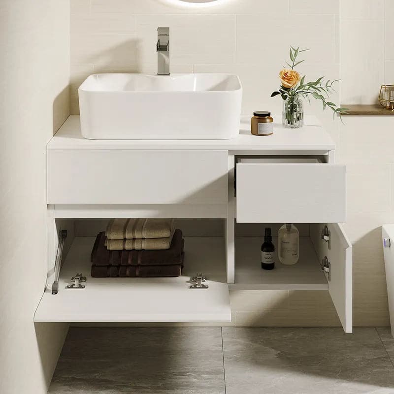 31 Black & White Floating Bathroom Vanity Faux Marble Top Ceramic Vessel Sink#White