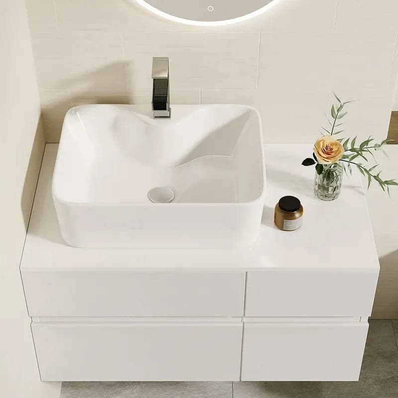 31 Black & White Floating Bathroom Vanity Faux Marble Top Ceramic Vessel Sink#White