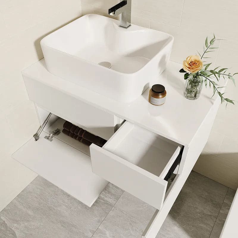 31 Black & White Floating Bathroom Vanity Faux Marble Top Ceramic Vessel Sink#White