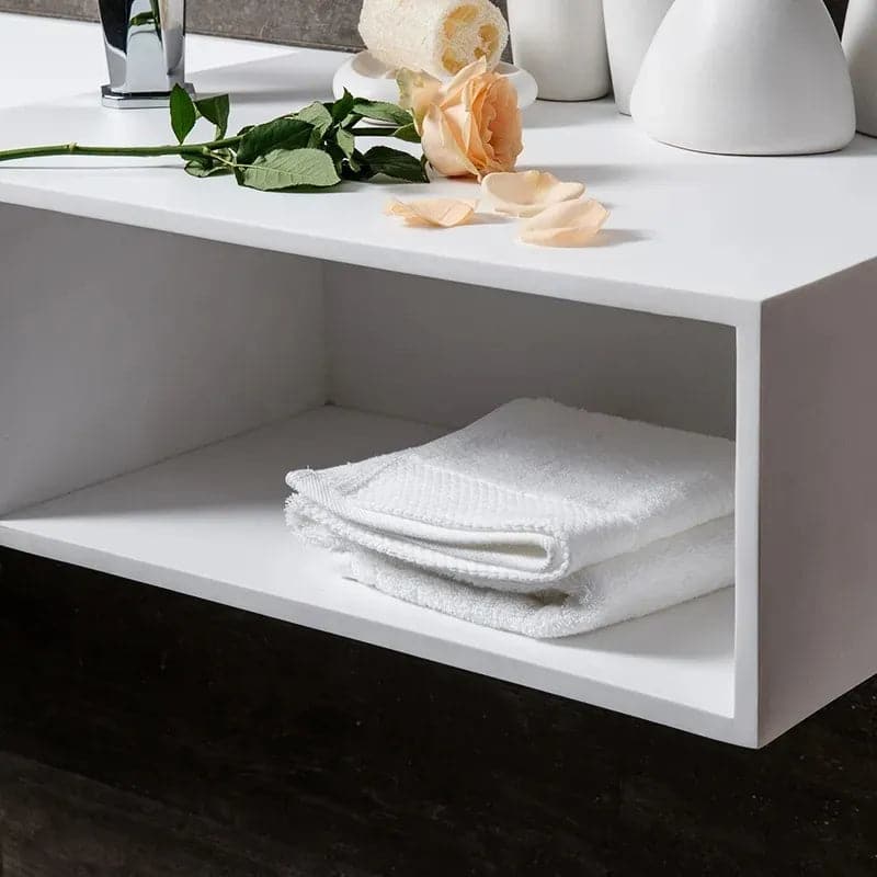 35" Wall-Mount Stone Resin Bathroom Sink in Matte White with Storage Cubby Hole