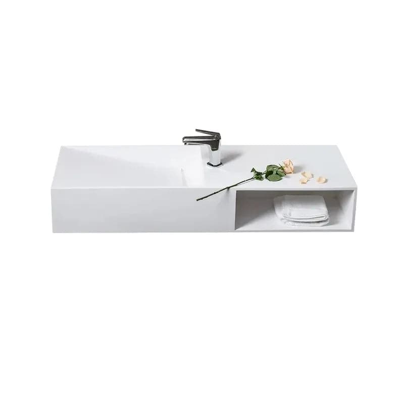 35" Wall-Mount Stone Resin Bathroom Sink in Matte White with Storage Cubby Hole