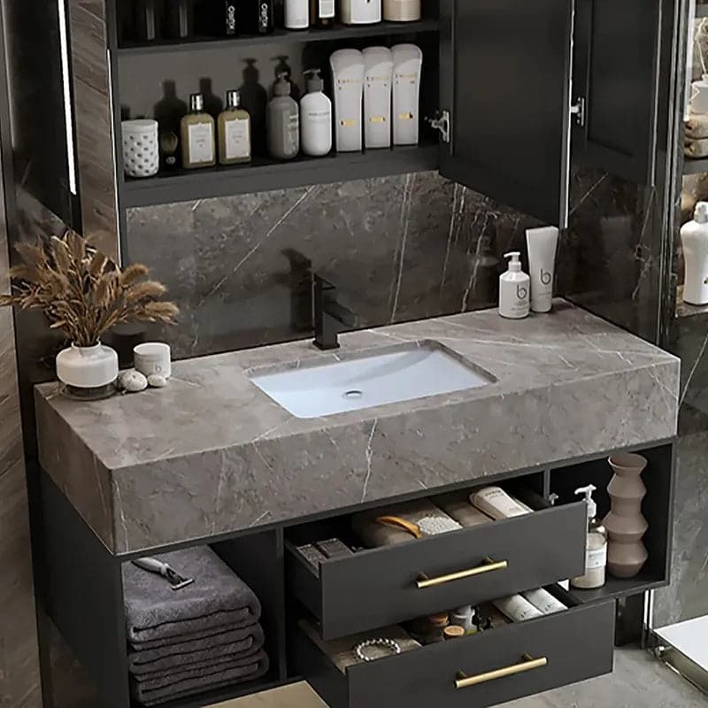 35"/40" Floating Black & Gray Bathroom Vanity with Sintered Stone Vessel Sink with 2 Drawers