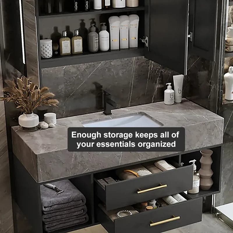 35"/40" Floating Black & Gray Bathroom Vanity with Sintered Stone Vessel Sink with 2 Drawers