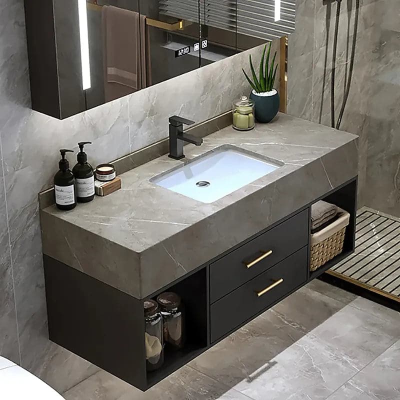 35"/40" Floating Black & Gray Bathroom Vanity with Sintered Stone Vessel Sink with 2 Drawers