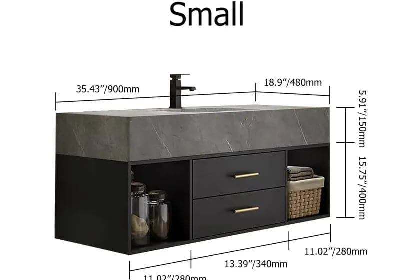 35"/40" Floating Black & Gray Bathroom Vanity with Sintered Stone Vessel Sink with 2 Drawers