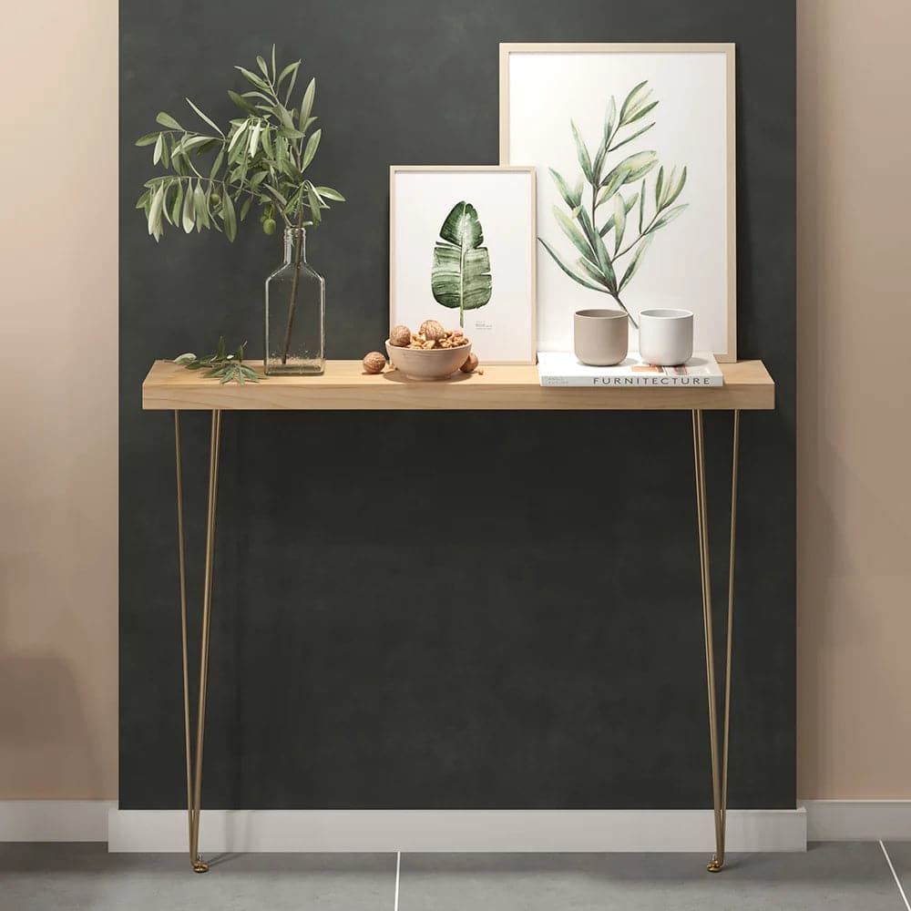 39.4 Inch Rustic Narrow Rectangle Console Table with Wooden Top & Metal Hairpin Legs