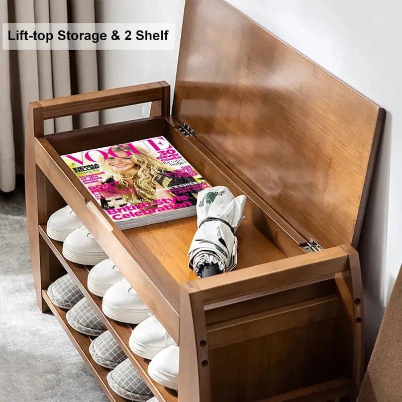 40.2 Inch Rustic Bamboo Upholstered Entryway Flip Top Storage 3-Tier Shoe Bench Rack