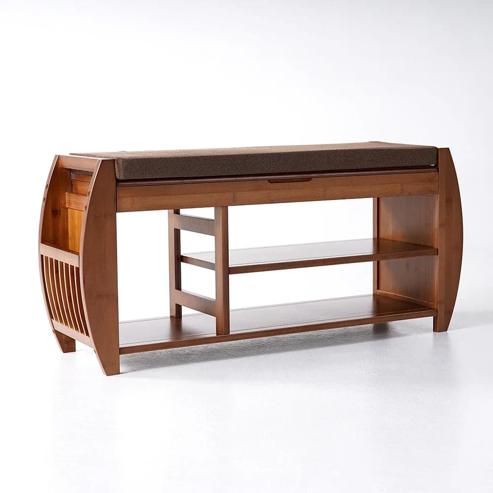 40.2 Inch Rustic Bamboo Upholstered Entryway Flip Top Storage 3-Tier Shoe Bench Rack