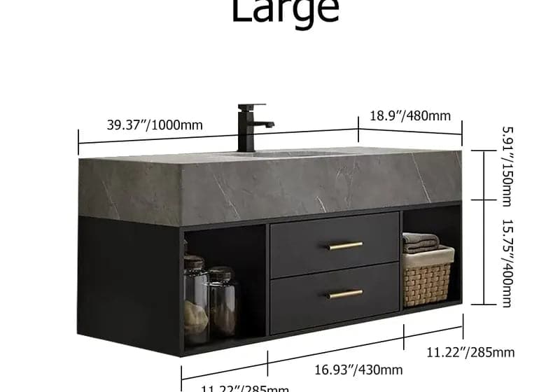 35"/40" Floating Black & Gray Bathroom Vanity with Sintered Stone Vessel Sink with 2 Drawers