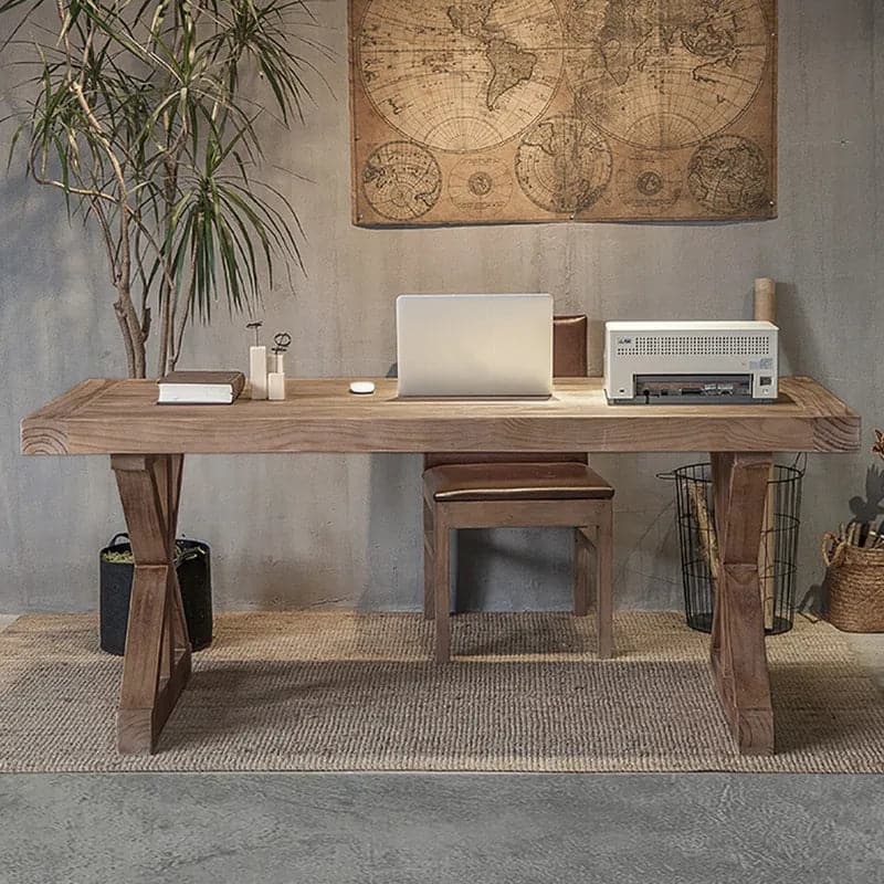 Rustic Farmhouse Wooden Office Desk in Natural with Trestle#Natural-S