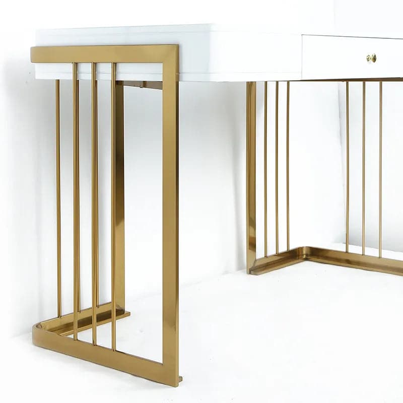 47 Inches Glossy White Wooden Writing Desk Modern Desk Computer Desk with Drawers in Gold Base