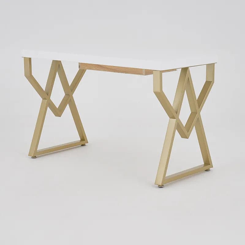 47" Modern Rectangular White Writing Desk Metal Base Wooden Home Office Desk with Drawer