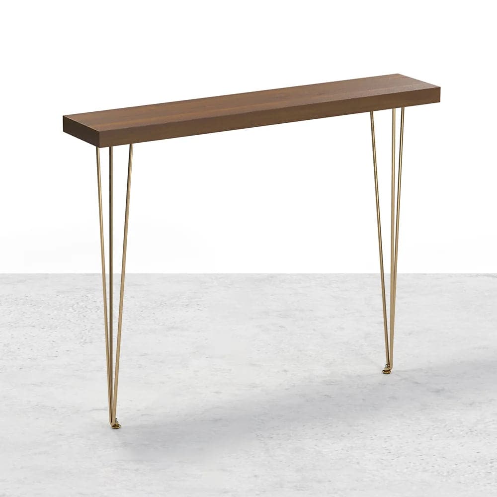 39.4 Inch Rustic Walnut Narrow Rectangle Console Table with Wooden Top Metal Legs