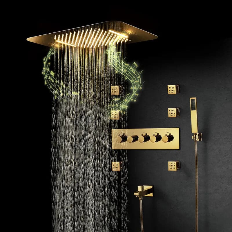 Wall-Mounted 23 Inch Thermostatic Shower System in Gold 4 Functions #Gold