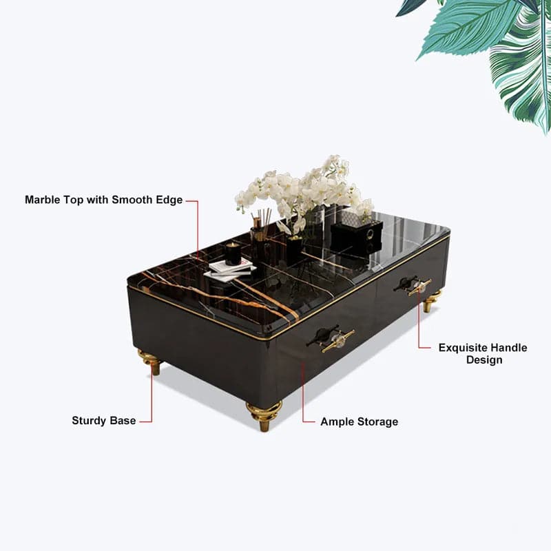 Table basse moderne en marbre blanc/noir de 51 po et tiroirs de rangement, pieds en acier inoxydable doré